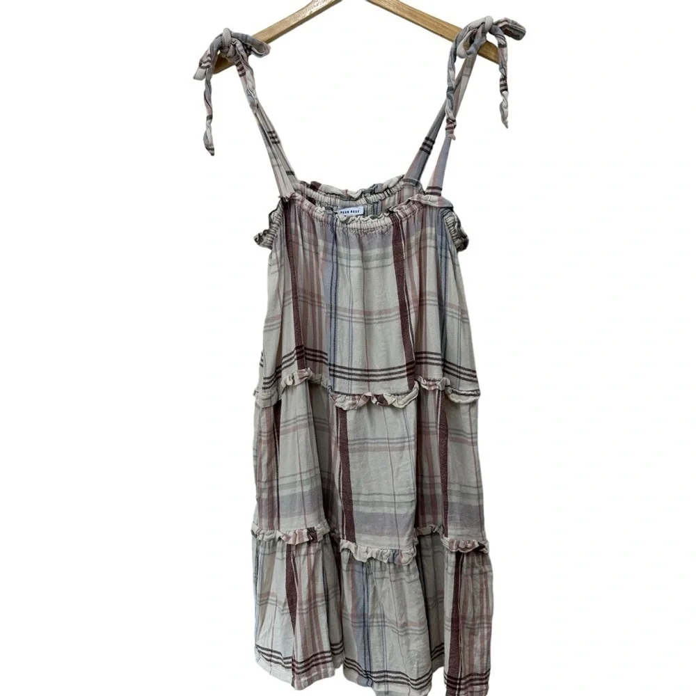 Cottagecore Tiered Smock Dress with Tie Shoulders, Creamy White Plaid, XL